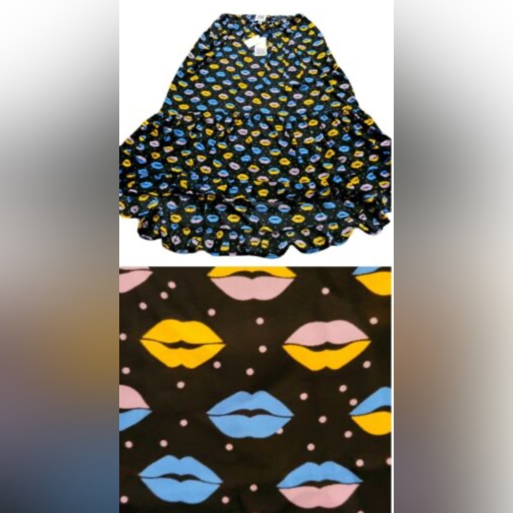 Anna Sui Black hi Low VINTAGE, HTF Skirt Blue and Yellow Lip 💋👄Print SZ. S
